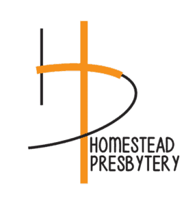 Homestead Presbytery logo with cross and curved line design.